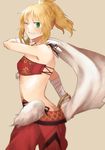  alternate_costume bandages bangle blonde_hair bracelet breasts butt_crack cloak fate/apocrypha fate/grand_order fate_(series) green_eyes jewelry medium_breasts midriff mordred_(fate) mordred_(fate)_(all) navel ponytail smile solo tk_sk true_samadhi_fire 