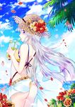  2016 ass back bare_arms bendy_straw bikini blue_sky breasts cloud cowboy_shot cup dated day drinking drinking_glass drinking_straw elf emilia_(re:zero) eyelashes floating_hair flower frills from_behind glint hair_flower hair_ornament hat hibiscus highres holding holding_cup juice lens_flare lime_slice long_hair maokezi medium_breasts mouth_hold ocean outdoors palms petals pointy_ears profile purple_eyes re:zero_kara_hajimeru_isekai_seikatsu red_flower sarong see-through silver_hair sky solo straw_hat summer swimsuit tropical_drink water wind yellow_bikini 