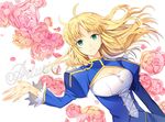  ahoge artoria_pendragon_(all) bad_id bad_pixiv_id blonde_hair breasts character_name cleavage cleavage_cutout dress ells fate/stay_night fate_(series) flower frilled_sleeves frills green_eyes long_hair medium_breasts petals rose rose_petals saber solo white_background 