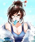  bangs bare_shoulders beads black-framed_eyewear blue_gloves breasts brown_eyes brown_hair cleavage coat collarbone dated drone food fur-trimmed_jacket fur_coat fur_trim glasses gloves hair_bun hair_ornament hair_stick jacket large_breasts m-musume_(catbagel) mei_(overwatch) off_shoulder open_clothes open_jacket overwatch parka popsicle robot short_hair sidelocks smile snowball_(overwatch) snowflake_hair_ornament snowflakes solo swept_bangs tank_top teeth teeth_hold upper_body winter_clothes winter_coat 