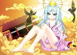  absurdres amaterasu_(p&amp;d) aqua_eyes bad_id bad_pixiv_id bare_legs bare_shoulders barefoot bird blue_hair cloud feet hair_ornament highres japanese_clothes kimono long_hair off_shoulder ootsuki_momiji puzzle_&amp;_dragons smile soles solo 