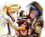  :t ana_(overwatch) aqua_eyes arm_wrap bandages bandaid bandaid_on_shoulder bangs black_gloves blonde_hair blue_eyes blush bodysuit braid breasts brown_eyes cleavage closed_mouth coat collarbone dark_skin eyebrows eyebrows_visible_through_hair eyepatch facial_mark facial_tattoo faulds girl_sandwich gloves headband hijab hood hug large_breasts long_hair long_sleeves looking_at_another m-musume_(catbagel) mechanical_halo mechanical_wings mercy_(overwatch) mother_and_daughter multiple_girls old_woman one_eye_closed overwatch pharah_(overwatch) ponytail pout sandwiched short_hair simple_background single_braid tattoo upper_body white_background white_hair wings 