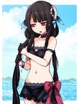  agi_(neckless) anette_(pso2) bikini black_bikini black_hair cloud day hair_ornament head_tilt long_hair low_twintails navel open_mouth phantasy_star phantasy_star_online_2 pointy_ears red_eyes sky solo standing swimsuit twintails very_long_hair water wet wringing_hair 