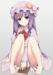  bangs barefoot blue_bow book bow capelet crescent crescent_hair_ornament dress grey_background hair_bow hair_ornament hat long_hair long_sleeves looking_at_viewer mob_cap patchouli_knowledge purple_eyes purple_hair red_bow sidelocks simple_background sitting solo striped striped_dress tokugawa_landine touhou very_long_hair 
