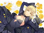  artoria_pendragon_(all) bad_id bad_pixiv_id black_dress blonde_hair breasts character_name cleavage dress ells fate/stay_night fate_(series) flower frilled_dress frilled_sleeves frills lolita_fashion medium_breasts open_mouth rose saber_alter solo yellow_eyes yellow_flower yellow_rose 