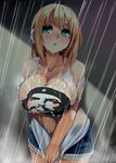  areolae bare_shoulders blonde_hair blush breasts che_guevara covered_nipples gen_(black_factory) green_eyes headphones highres huge_breasts open_mouth original rain see-through shirt_tug short_hair short_shorts shorts solo wet wet_clothes 