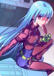  belt blue_hair candy chaps cropped_jacket food gloves highres kula_diamond lollipop long_hair looking_at_viewer red_eyes solo the_king_of_fighters yiran_kong_xian 