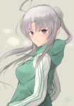  1girl ahoge akitsushima_(kantai_collection) alternate_costume artist_name blush eyebrows_visible_through_hair from_side green_sweater grey_background grey_hair hazuki_futahi kantai_collection long_hair long_sleeves looking_at_viewer purple_eyes side_ponytail sidelocks simple_background solo sweater upper_body 