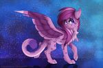  blue_eyes equine eyelashes feathered_wings feathers female feral fur hair hindpaw horse hybrid mammal my_little_pony paws pony purple_feathers purple_fur purple_hair silentwulv smile sphynx standing wild_dawn wings 