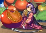  bowl bowl_hat commentary_request hat japanese_clothes kimono leaf minigirl needle purple_hair red_eyes seiza shope short_hair sitting solo sukuna_shinmyoumaru tomato tongue tongue_out touhou wide_sleeves 