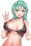  :d alternate_costume aqua_eyes aqua_hair bare_shoulders bikini bikini_top black_bikini blush breasts covered_nipples frilled_bikini frills hair_ornament hairclip highres kantai_collection large_breasts long_hair looking_away navel open_mouth rinaka_moruchi smile solo suzuya_(kantai_collection) swimsuit upper_body white_background x_hair_ornament 