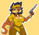  anthro big_breasts blue_hair breasts canine carmelita_fox clothed clothing ear_piercing female fox gun hair mammal piercing ranged_weapon simple_background sly_cooper_(series) video_games weapon xxtheoneguyxx 