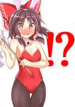  1girl :d aki_chimaki alternate_costume animal_ears bare_shoulders black_hair black_legwear blush bow breasts brown_eyes brown_hair bunny_ears bunny_girl bunnysuit cleavage commentary_request covered_navel cowboy_shot detached_collar embarrassed fake_animal_ears gohei hair_bow hair_tubes hakurei_reimu highres leotard looking_at_viewer nose_blush open_mouth pantyhose red_bow red_leotard short_hair sideboob sleeveless small_breasts smile solo thigh_gap touhou wavy_mouth yin_yang 