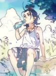  bad_id bad_pixiv_id black_hair blue_eyes child clenched_hand cloud drinking hair_tie icym jewelry long_hair looking_up male_focus necklace nihongou_(touken_ranbu) ramune sitting sky solo tank_top touken_ranbu tree younger 