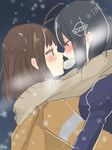  antenna_hair black_hair blush brown_hair haguro_(kantai_collection) kantai_collection multiple_girls naka_(kantai_collection) rinto_(rint_rnt) scarf shared_food shared_scarf snowing yuri 