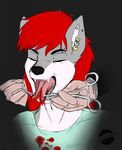  blood canine celestialoddity disembodied_hand gore hair mammal piercing piercing_parlor red_hair tongue_split wolf 