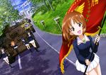  absurdres akiyama_yukari black_hair black_legwear brown_eyes brown_hair char_b1 collarbone day emblem flag girls_und_panzer ground_vehicle hairband highres holding isuzu_hana jagdpanzer_38(t) long_hair m3_lee military military_uniform military_vehicle motor_vehicle multiple_girls nishizumi_miho official_art ooarai_(emblem) ooarai_military_uniform open_mouth orange_hair outdoors panzerkampfwagen_iv pleated_skirt reizei_mako short_hair sitting skirt sturmgeschutz_iii takebe_saori tank thighhighs tiger_(p) torii tree type_3_chi-nu type_89_i-gou uniform white_hairband white_skirt 