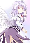  aki_chimaki angel_wings ass blush commentary_request feathered_wings highres jacket kishin_sagume leaning_forward long_sleeves looking_at_viewer looking_back miniskirt open_clothes open_jacket pink_eyes purple_skirt silver_hair single_wing skirt solo touhou white_wings wings 