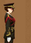  aiguillette belt brown_background brown_hair cowboy_shot epaulettes fourragere from_side genso gloves hat highres long_sleeves military military_uniform original peaked_cap profile red_eyes short_hair solo standing uniform white_gloves 