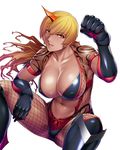  1girl blonde_hair breasts cleavage dark_skin erect_nipples horn kokonoki_nao large_breasts larkshasha lilith-soft long_hair looking_at_viewer navel parted_lips ponytail red_eyes sitting smile solo taimanin_asagi taimanin_asagi_battle_arena 