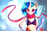  5_fingers anthro blue_hair clothed clothing equine female friendship_is_magic gianghanez2880 hair horn horse looking_at_viewer mammal my_little_pony navel partially_clothed pink_eyes pony scarf simple_background smile solo standing unicorn vinyl_scratch_(mlp) 