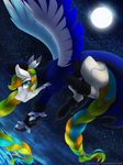  blonde_hair blue_eyes braided_hair clothed clothing equine eyelashes fan_character feathered_wings feathers feral flying hair mammal moon my_little_pony night outside pegasus silentwulv solo water wings 