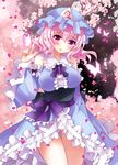  blue_dress bug butterfly cherry_blossoms detached_sleeves dress hat hitodama ichiyou_moka insect japanese_clothes mob_cap obi pink_eyes pink_hair saigyouji_yuyuko sash solo touhou triangular_headpiece wide_sleeves 