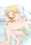  aki_minoriko ass barefoot blonde_hair blush_stickers commentary_request drooling feet green_panties messy_hair no_bra panties pillow short_hair sleeping soles solo striped striped_panties stuffed_animal stuffed_toy touhou underwear underwear_only zannen_na_hito 