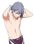  adjusting_hair adonis_belt grey_hair groin high_speed! jammers looking_at_viewer male_focus male_swimwear megumi-square navel older rubber_band serizawa_nao simple_background smile solo swimwear tying_hair white_background yellow_eyes 