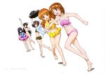  absurdres akiyama_yukari armpits bikini bikini_skirt black_hair blue_jacket breasts brown_eyes brown_hair camouflage camouflage_bikini casual_one-piece_swimsuit cleavage cleavage_cutout copyright_name flat_chest front-tie_bikini front-tie_top girls_und_panzer hairband highres holding isuzu_hana jacket long_hair medium_breasts multiple_girls navel nishizumi_miho official_art one-piece_swimsuit open_clothes open_jacket open_mouth orange_hair pink_bikini reizei_mako short_hair side-tie_bikini simple_background small_breasts swimsuit takebe_saori waving white_background white_bikini white_hairband yellow_bikini 