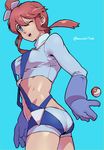  ass blue_eyes breasts fuuro_(pokemon) gloves gym_leader hair_ornament katsuoboshi large_breasts long_hair midriff one_eye_closed open_mouth poke_ball poke_ball_(generic) pokemon pokemon_(game) pokemon_bw red_hair shorts smile solo twitter_username 