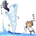  &gt;_&lt; brown_hair closed_eyes folded_ponytail green_eyes i-class_destroyer inazuma_(kantai_collection) kanikama kantai_collection lowres monster open_mouth pleated_skirt school_uniform serafuku shinkaisei-kan skirt standing standing_on_liquid waterspout wavy_mouth 