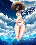  ass bikini black_hair blue_eyes braid butt_crack cloud day from_behind hat highres kantai_collection long_hair looking_back shigure_(kantai_collection) solo straw_hat swimsuit water xi_ying 