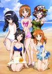  :/ :d absurdres akiyama_yukari alternate_hairstyle baseball_cap beach bikini black_eyes black_hair blue_bikini blue_bow bow braid breasts brown_eyes brown_hair camouflage camouflage_shirt cleavage closed_mouth cloud collarbone day frilled_swimsuit frills full_body girls_und_panzer hairband halterneck hands_on_another's_shoulder hands_together hat hat_removed head_tilt headwear_removed highres isuzu_hana kneeling long_hair looking_at_viewer medium_breasts multiple_girls navel nishizumi_miho off-shoulder_shirt official_art one-piece_swimsuit open_mouth outdoors outstretched_arm own_hands_together reizei_mako sandals scan shirt short_hair sitting sky small_breasts smile standing standing_on_one_leg sugimoto_isao sun_hat swimsuit takebe_saori twin_braids v v_arms very_long_hair water white_swimsuit 