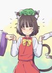  animal_ears cat_ears cat_tail chen chimosaku commentary_request eyebrows_visible_through_hair gloves hat highres holding_hands jewelry mob_cap multiple_tails nekomata single_earring solo_focus tail touhou two_tails white_gloves yakumo_ran yakumo_yukari 