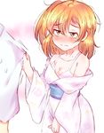  blue_eyes blush bra crying highres japanese_clothes kimono kousaka_honoka love_live! love_live!_school_idol_project messy_hair off_shoulder one_side_up orange_hair pink_bra popii_(yuuta679) short_hair sleeve_tug solo_focus tears underwear wavy_mouth wide_sleeves yukata 