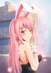  animal_ears back blush breasts building bunny_ears bunnysuit carrot_hair_ornament eyebrows eyebrows_visible_through_hair food_themed_hair_ornament hair_ornament large_breasts long_hair original pink_eyes pink_hair pout shoron solo wrist_cuffs 