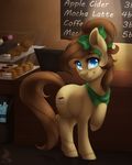  blue_eyes bow brown_fur brown_hair croissant cutie_mark detailed_background earth_pony english_text equine eyelashes fan_character female feral food fur hair hooves horse inside looking_at_viewer mammal mocha_latte muffin my_little_pony pony silentwulv smile solo standing text 