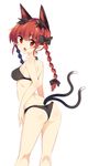  animal_ears ass bikini black_bikini black_ribbon blush braid breasts cat_ears cat_tail extra_ears fang from_behind hair_ribbon highres kaenbyou_rin long_hair looking_at_viewer looking_back maturiuta_sorato medium_breasts multiple_tails open_mouth pointy_ears red_eyes red_hair ribbon simple_background solo standing swimsuit tail touhou tress_ribbon twin_braids white_background 