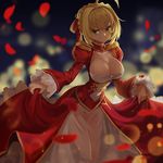  ahoge blonde_hair breasts cleavage cowboy_shot curtsey dress epaulettes fate/extra fate/extra_ccc fate_(series) goomrrat green_eyes large_breasts nero_claudius_(fate) nero_claudius_(fate)_(all) petals red_dress short_hair skirt_hold solo 