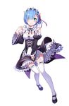  blue_eyes blue_hair blush breasts commentary detached_sleeves dress frills full_body hair_ornament hair_over_one_eye kail looking_at_viewer maid maid_headdress re:zero_kara_hajimeru_isekai_seikatsu rem_(re:zero) ribbon short_hair small_breasts smile solo white_legwear x_hair_ornament 