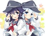  ;d akatsuki_(kantai_collection) anchor_symbol blue_eyes chestnut_mouth commentary_request flat_cap hair_between_eyes hat hibiki_(kantai_collection) hizuki_yayoi kantai_collection long_hair multiple_girls neckerchief one_eye_closed open_mouth purple_eyes purple_hair red_neckwear salute silver_hair smile upper_body 