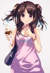  :3 bag banned_artist bare_arms brown_hair collarbone cowboy_shot eyebrows eyebrows_visible_through_hair food grey_background holding holding_spoon ice_cream ice_cream_cone long_hair looking_at_viewer original pink_eyes shoulder_bag simple_background solo spoon suisen tank_top tareme twintails 