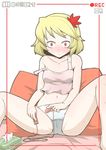  aki_shizuha blonde_hair blush commentary_request egg_vibrator midriff navel nervous panties recording remote_control_vibrator short_hair sitting solo spread_legs strap_slip sweat sweating_profusely touhou underwear vibrator viewfinder zannen_na_hito 