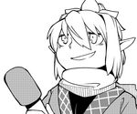  greyscale hair_between_eyes holding holding_microphone looking_out_window microphone mizuhashi_parsee monochrome pointy_ears scarf simple_background smile smirk solo toriburi touhou troll_face 
