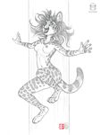  2016 action_pose anthro breasts feline female fur greyscale inner_ear_fluff jumping kacey mammal monochrome navel nipples open_mouth open_smile pawpads pencil_(artwork) serval solo spots spotted_fur tongue traditional_media_(artwork) 