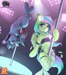  2016 armpits bat_pony bat_wings blue_eyes clothing dancing darkhazard duo_focus elbow_gloves equine eyes_closed fan_character feathered_wings feathers female flat_chested fur gloves group hair half-closed_eyes hi_res hooves long_hair looking_at_viewer mammal membranous_wings money multicolored_hair my_little_pony navel patreon pegasus pole pole_dancing smile underwear url wings 