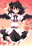  ;) absurdres bad_id bad_pixiv_id black_hair black_wings camera chako_(chakoxxx) feathered_wings hat highres leaf maple_leaf miniskirt one_eye_closed pointy_ears red_eyes shameimaru_aya skirt smile solo tokin_hat touhou wings 