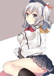  beret blush breasts buttons epaulettes frilled_sleeves frills gloves grey_eyes hat jacket kantai_collection kashima_(kantai_collection) kerchief medium_breasts military military_uniform miniskirt neckerchief pleated_skirt shiomizu_(swat) silver_hair sitting skirt smile solo twintails uniform wavy_hair white_gloves 