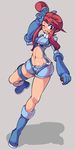  average-hanzo blue_eyes blush breasts full_body fuuro_(pokemon) gym_leader hair_ornament highres long_hair midriff navel pokemon pokemon_(game) pokemon_bw red_hair smile solo 